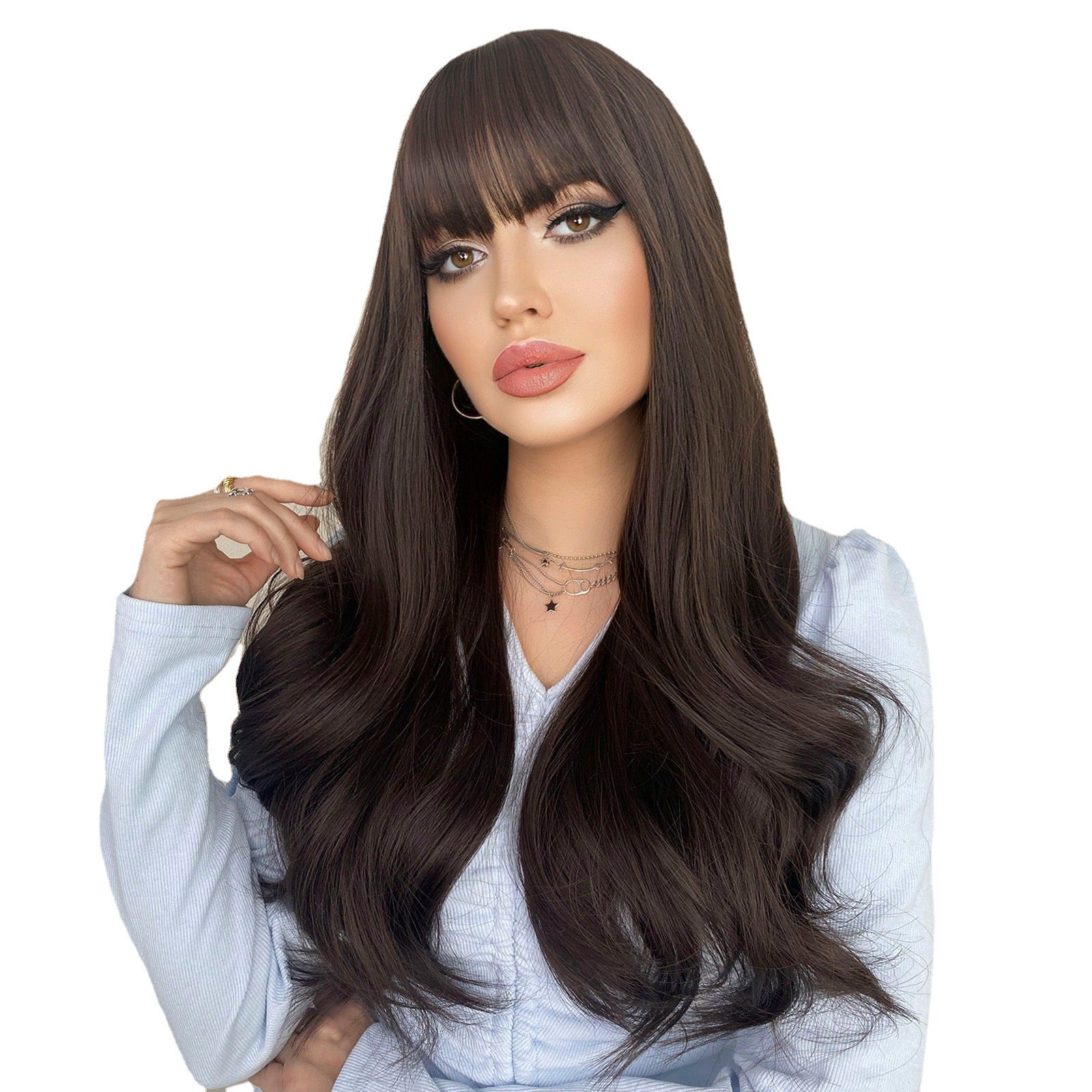 Long Curly Hair Wig with Air Bangs