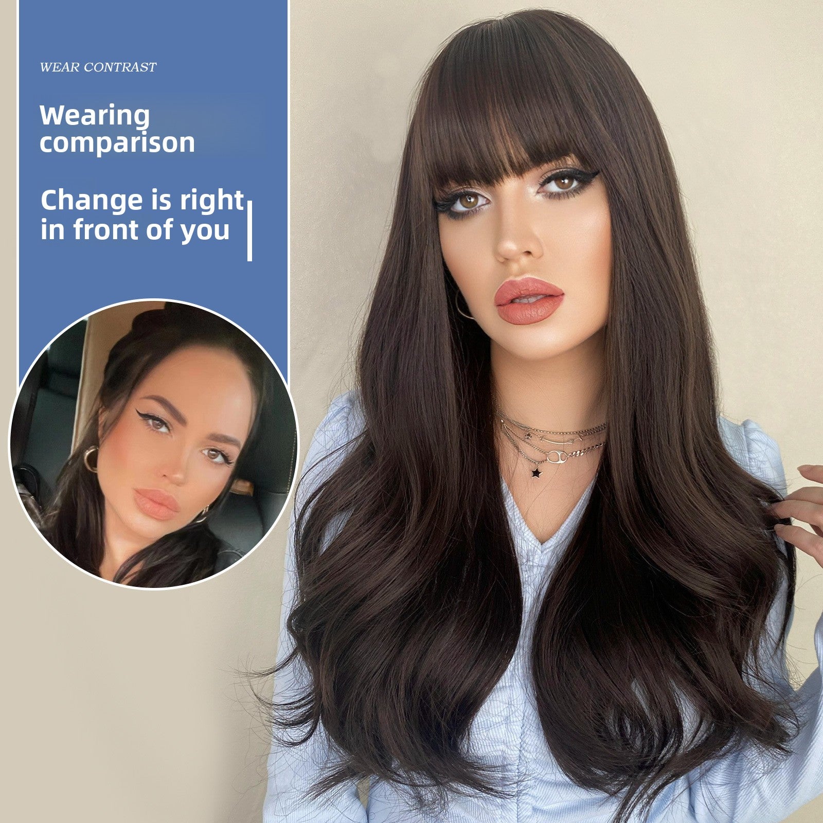 Long Curly Hair Wig with Air Bangs